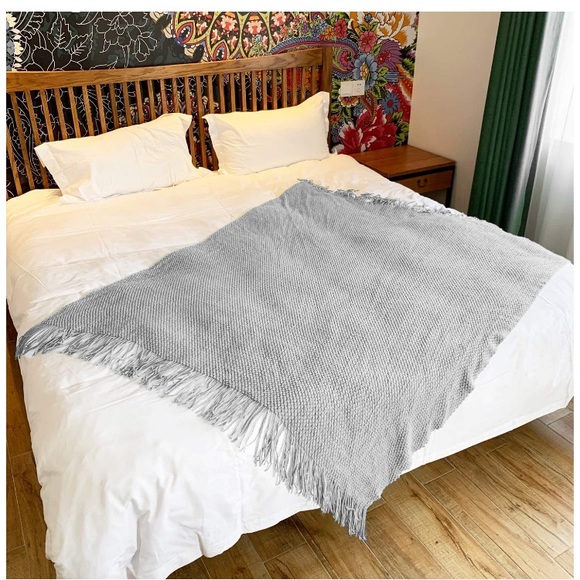 Light Grey Boho Tassel Chunky Knit Dorm/Living/Bedroom Cozy Casual Throw Blanket - Picture 5 of 16